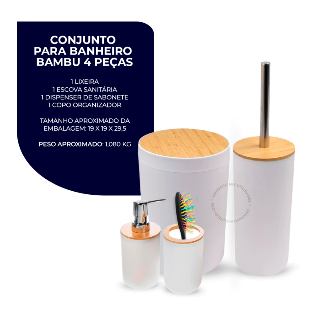 Kit Banheiro Completo com Lixeira e Detalhes em Bambu – Elegância Natural no Seu Banheiro