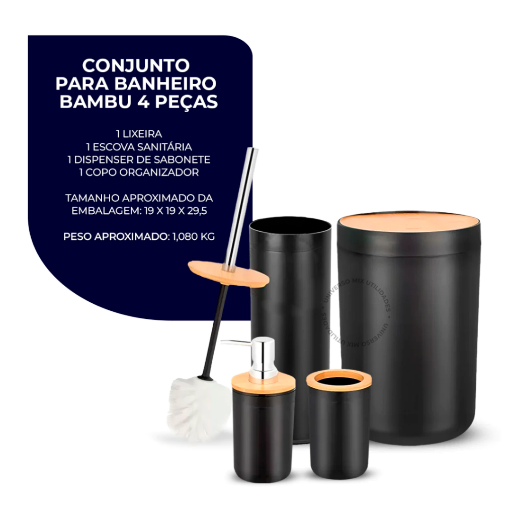 Kit Banheiro Completo com Lixeira e Detalhes em Bambu – Elegância Natural no Seu Banheiro