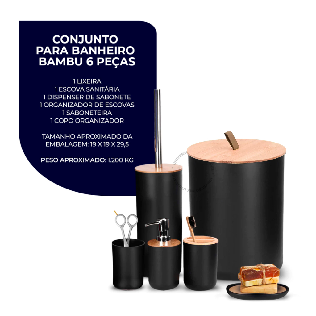 Kit Banheiro Completo com Lixeira e Detalhes em Bambu – Elegância Natural no Seu Banheiro