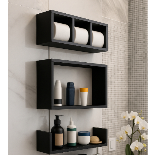 Kit 3 Nichos triplos Prateleiras para Banheiro Organizador em Preto ou Branco 100% Mdf