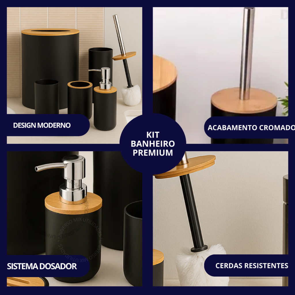 Kit Banheiro Completo Lixeira C/ Tampa Detalhes Em Bambu Luxo