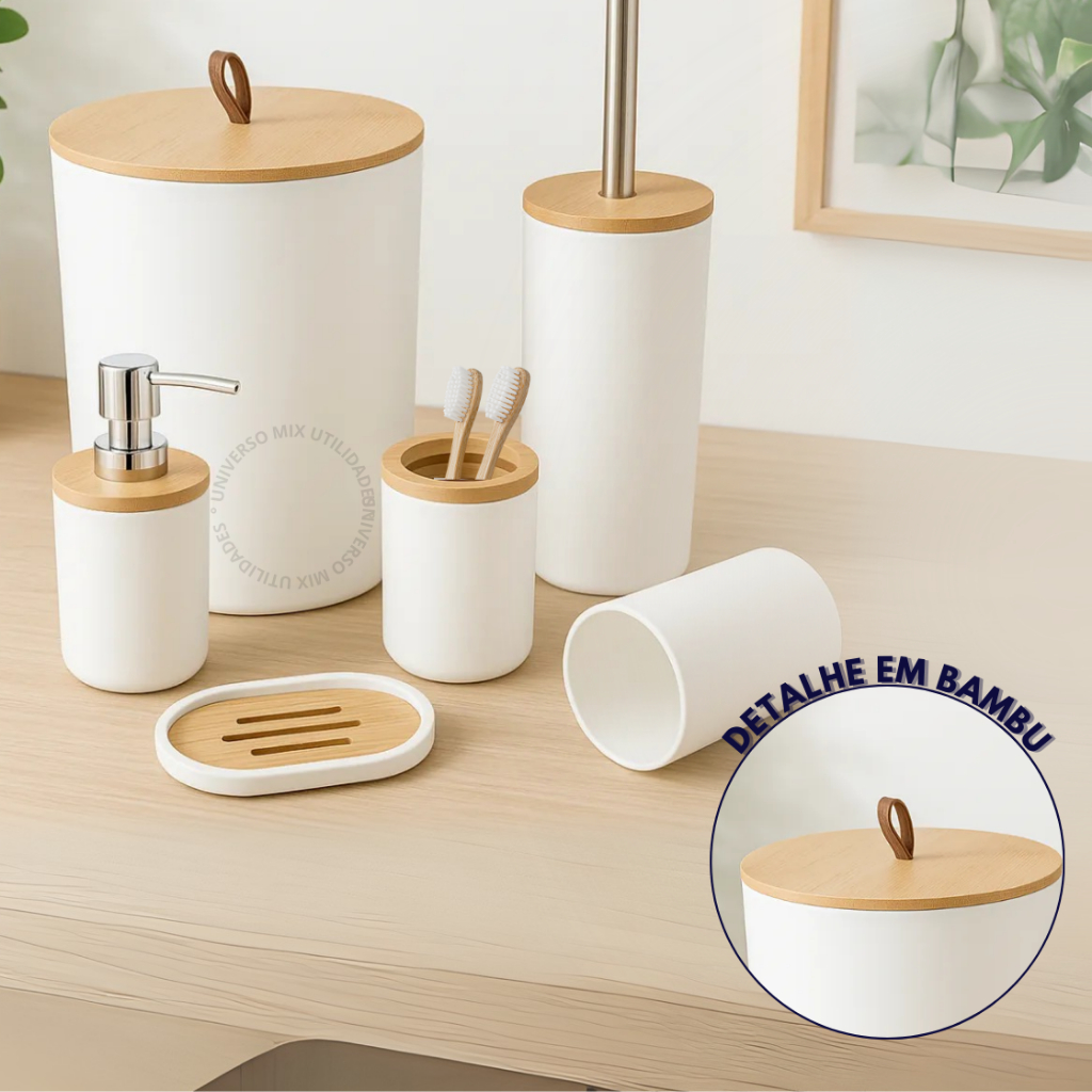Kit Banheiro Completo Lixeira C/ Tampa Detalhes Em Bambu Luxo