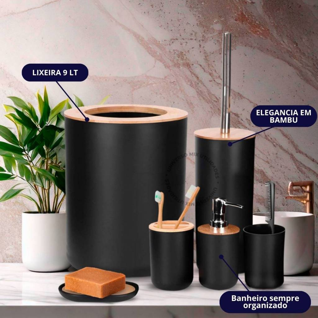 Kit Banheiro Completo Lixeira C/ Tampa Detalhes Em Bambu Luxo