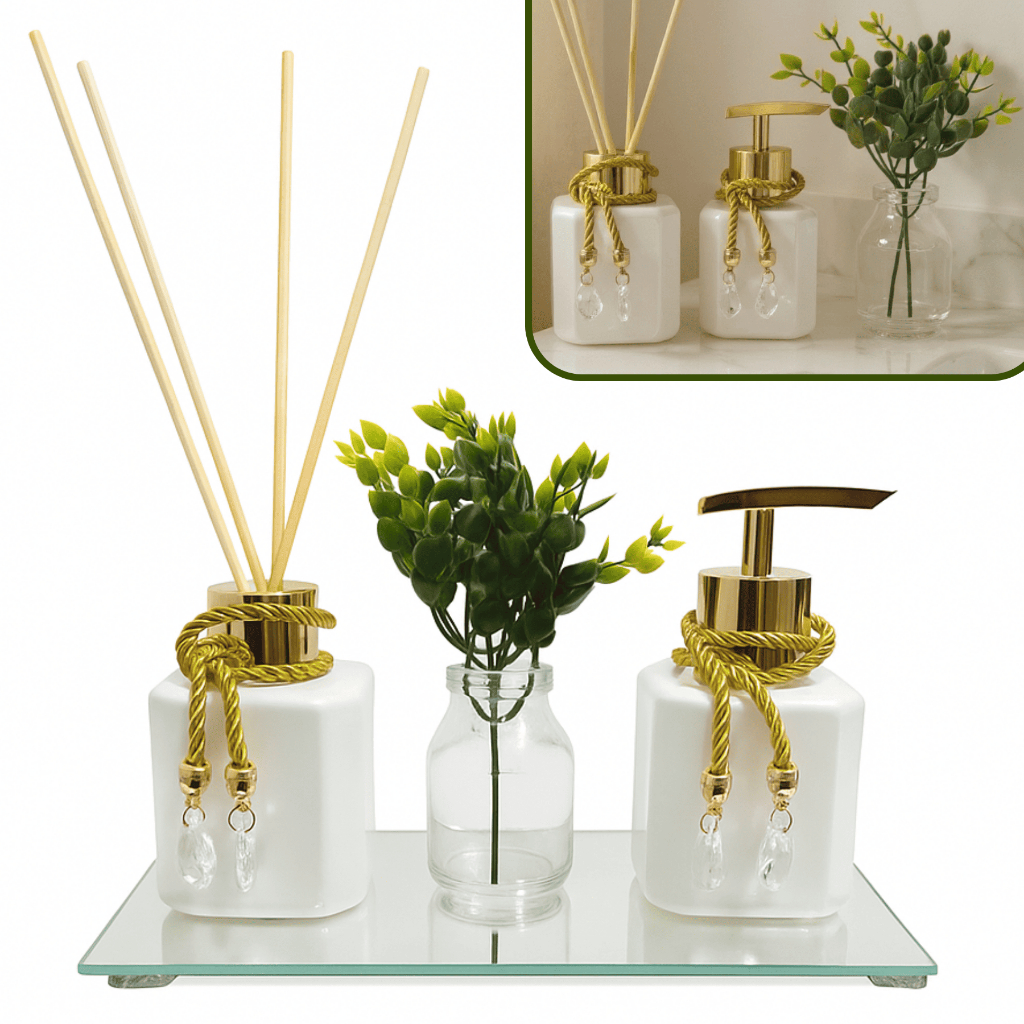 Kit Completo Lavabo Banheiro Frasco Pet Aromatizador e Saboneteira 200ml Com Bandeja e Vaso Planta