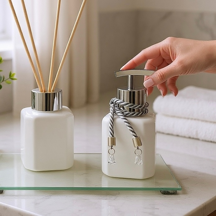 Kit Completo Lavabo Banheiro Frasco Pet Aromatizador e Saboneteira 200ml Com Bandeja e Vaso Planta