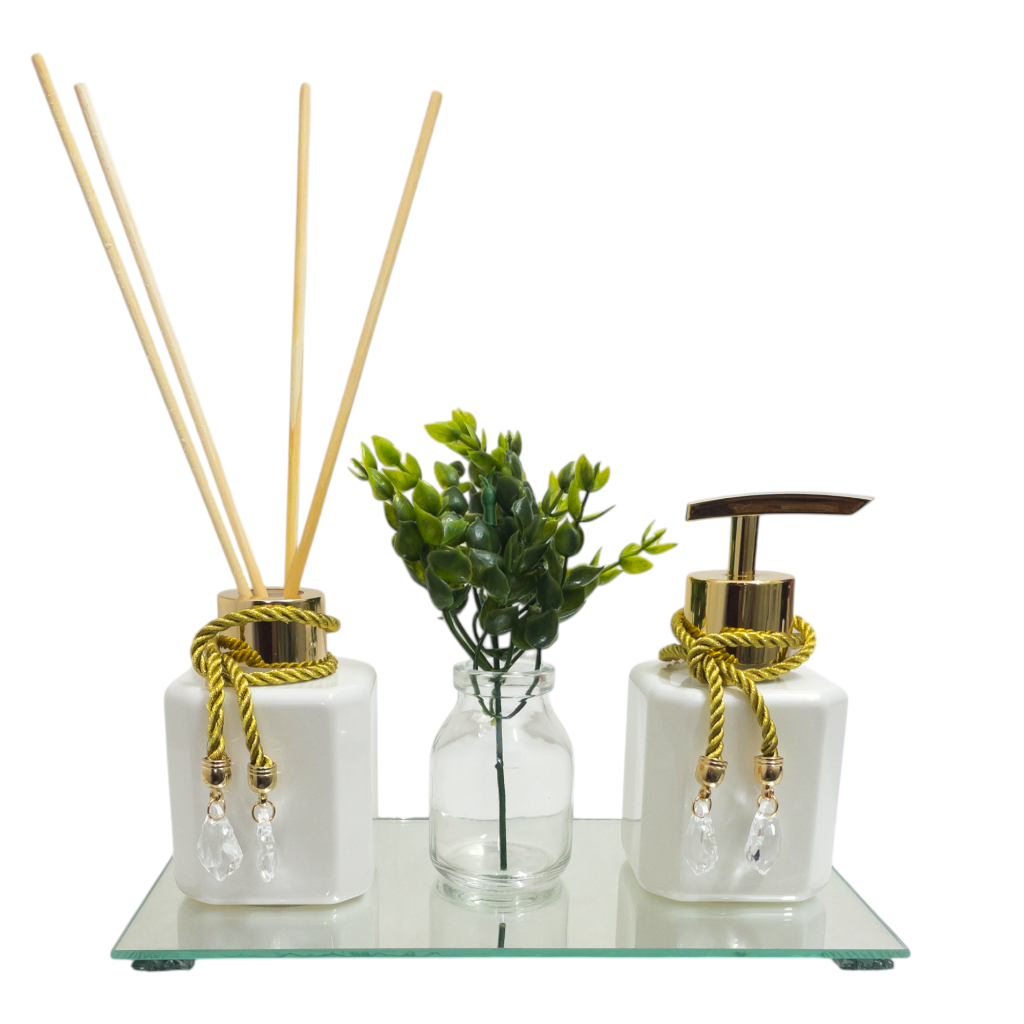 Kit Decorativo Lavabo com Aromatizador e Saboneteira – 200ml + Bandeja Espelhada + Vaso com Folhagem