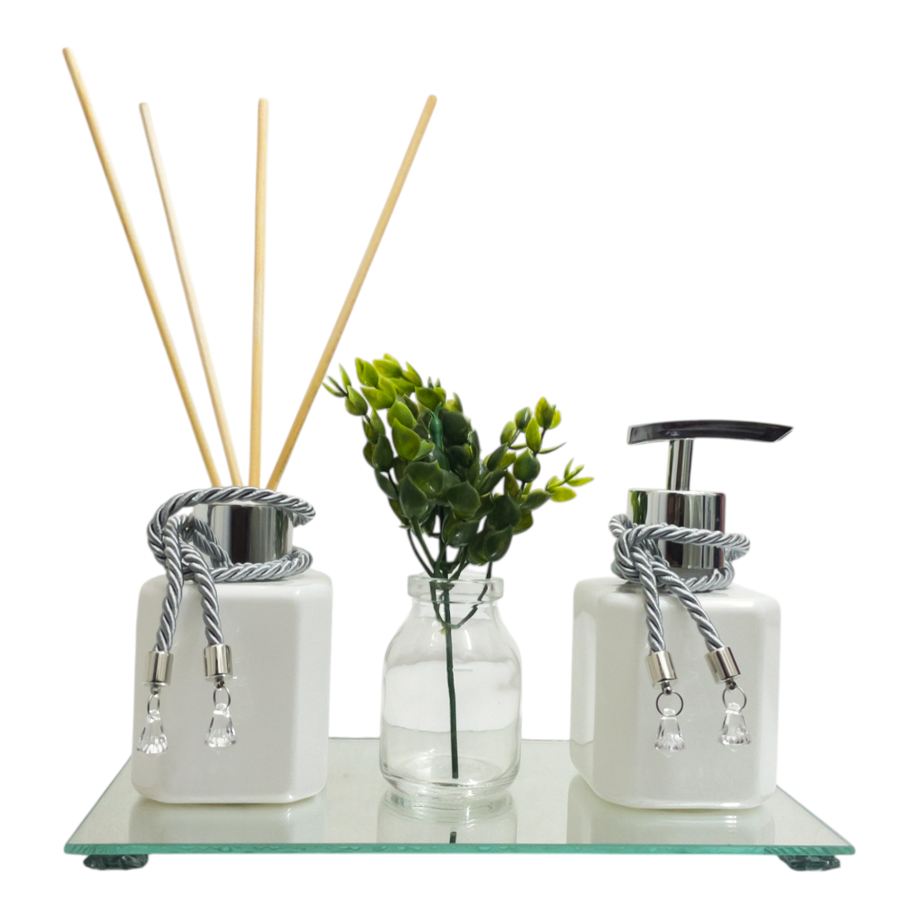 Kit Decorativo Lavabo com Aromatizador e Saboneteira – 200ml + Bandeja Espelhada + Vaso com Folhagem
