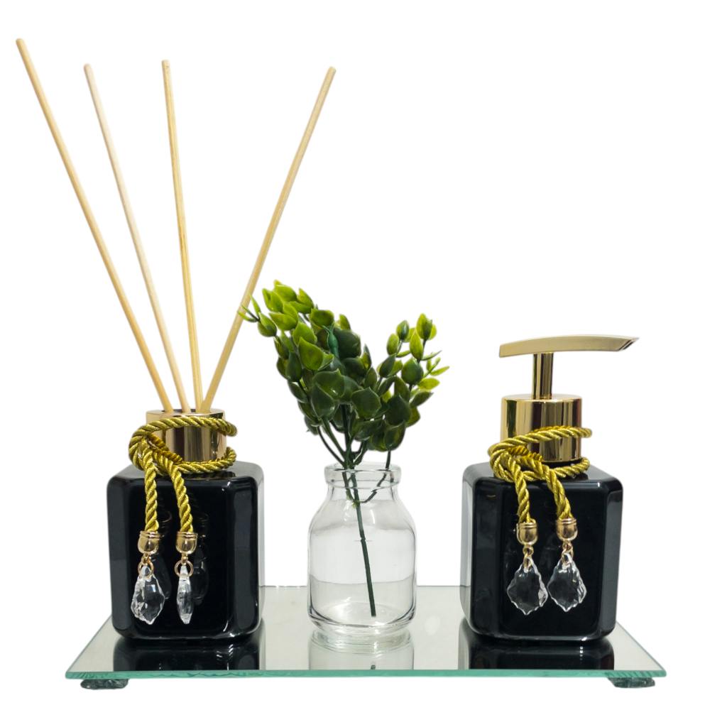 Kit Decorativo Lavabo com Aromatizador e Saboneteira – 200ml + Bandeja Espelhada + Vaso com Folhagem
