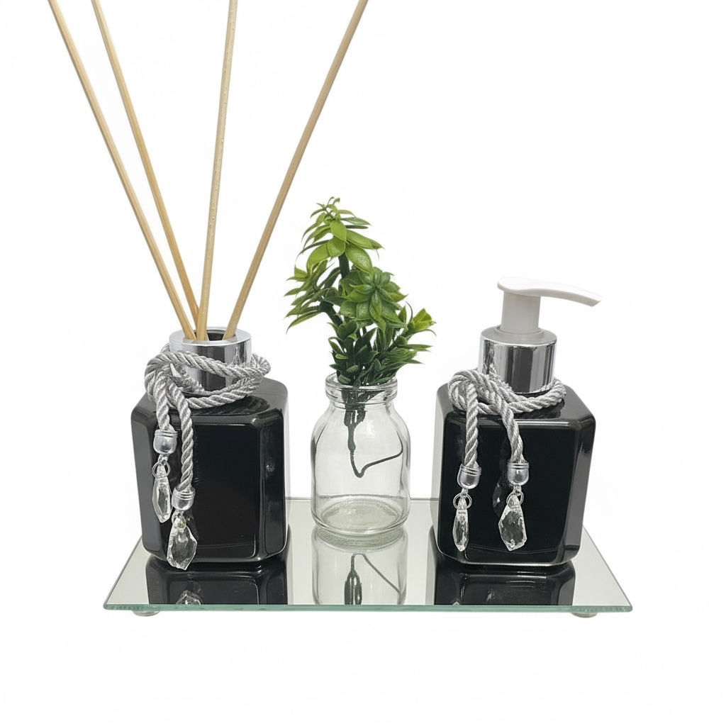 Kit Decorativo Lavabo com Aromatizador e Saboneteira – 200ml + Bandeja Espelhada + Vaso com Folhagem