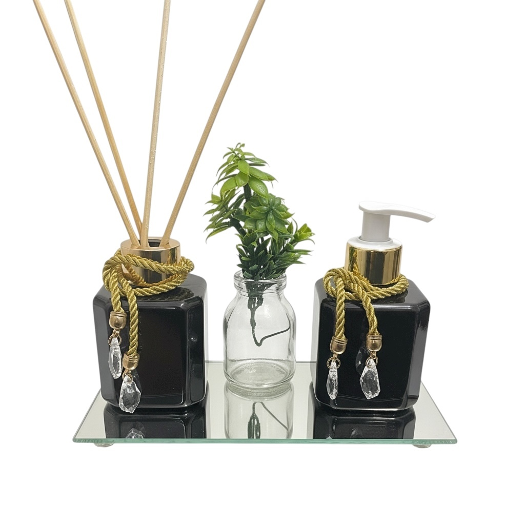 Kit Decorativo Lavabo com Aromatizador e Saboneteira – 200ml + Bandeja Espelhada + Vaso com Folhagem