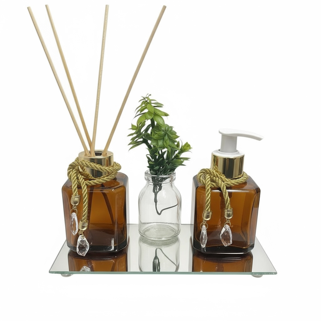 Kit Decorativo Lavabo com Aromatizador e Saboneteira – 200ml + Bandeja Espelhada + Vaso com Folhagem